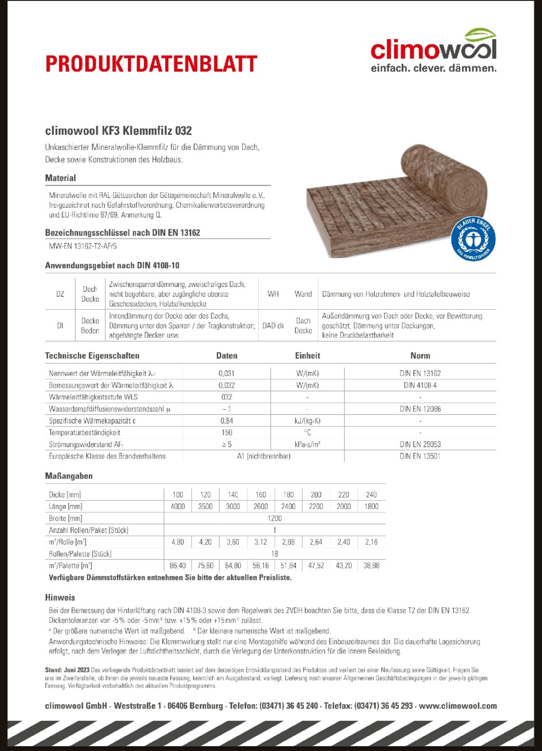climowool KF3 WLG032 180mm Klemmfilz
