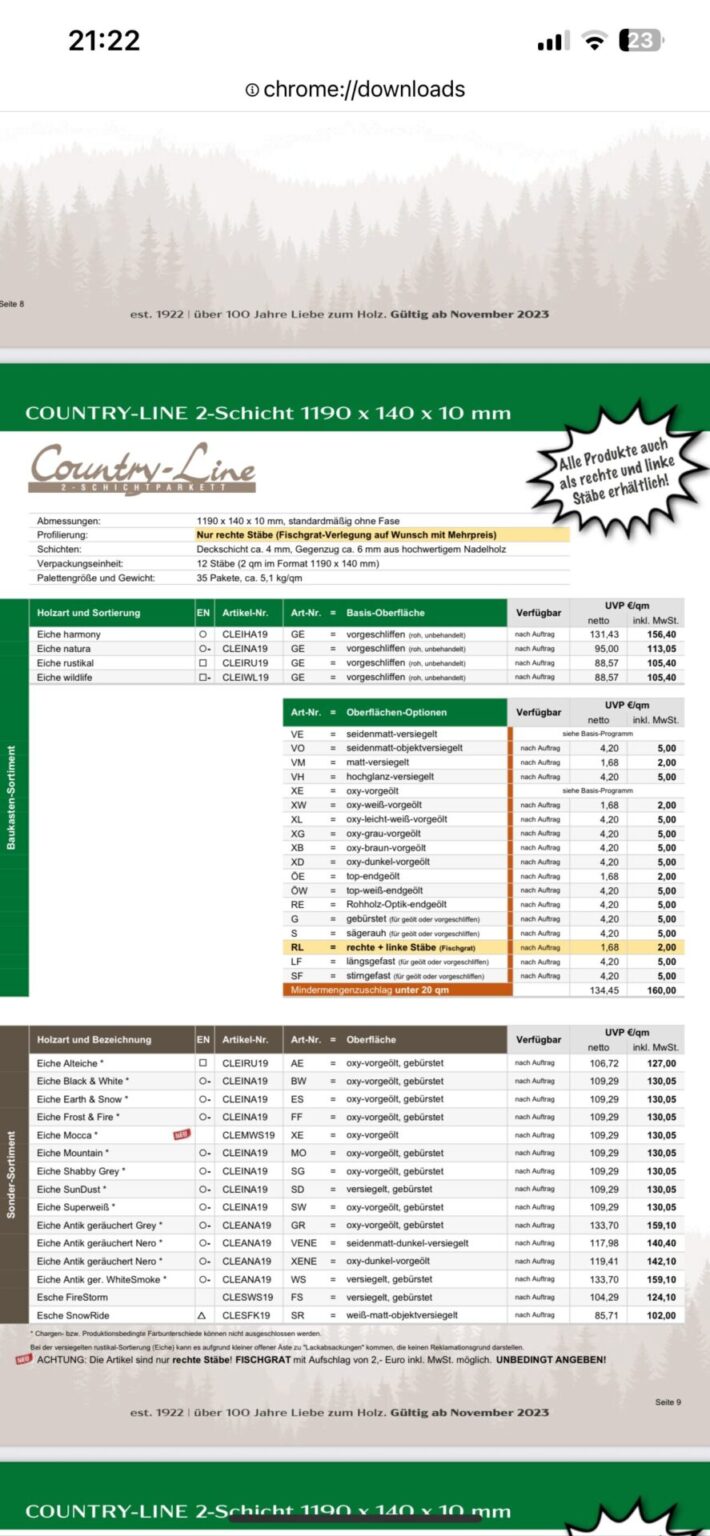 16m^2 Parkett Blackforest Woodfloors Country-Line Eiche Natura