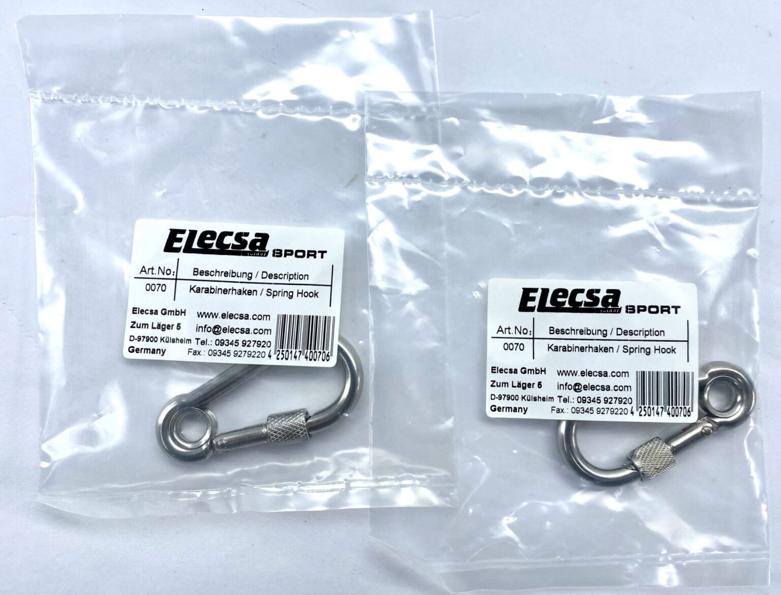 Elecsa Karabinerhaken 2 Größen silberfarben, Schwerlast Karabiner, Metallhaken, Befestigungshaken