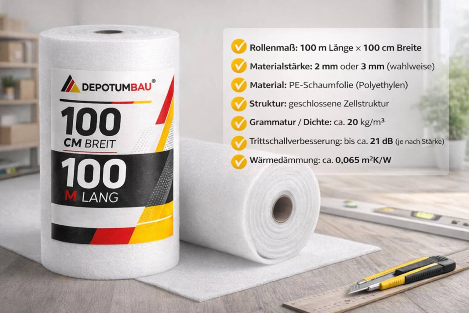 Trittschalldämmung aus PE-Schaumfolie – Rolle 100 m × 100 cm – 2 mm