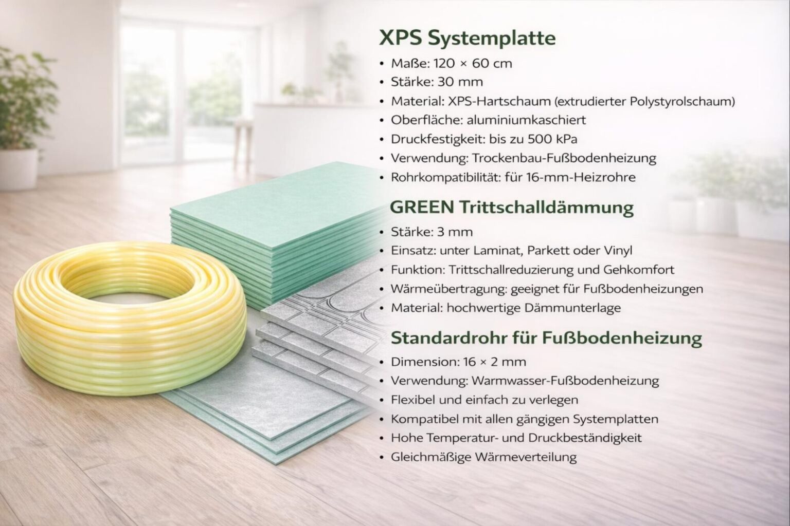 SET Fußbodenheizung – XPS 30 mm + Dämmung 3 mm + Rohr 16 × 2 mm Kein Estrich