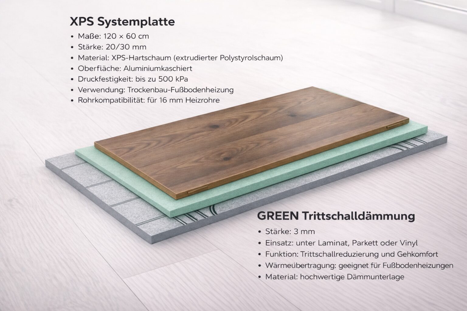 XPS Platten kein Estrich Fußbodenheizung 20/30 mm Trittschalldämmung 3 mm