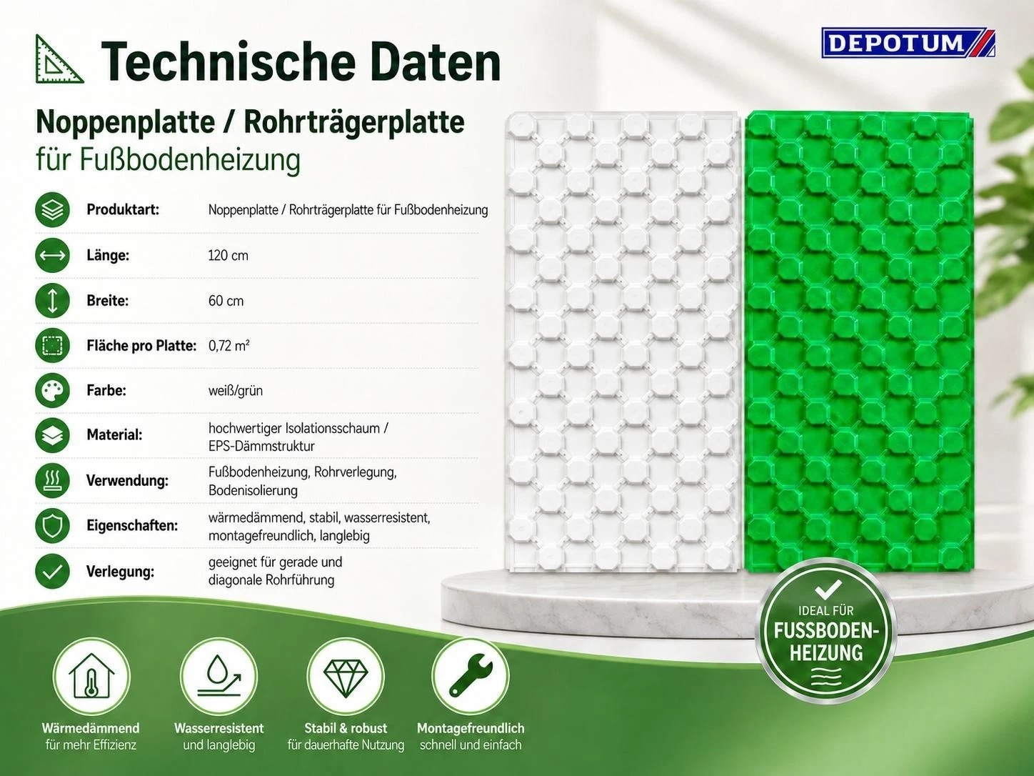 Fußbodenheizung Noppenplatte Esstrich EPS Platten 120x60cm 0,72m²