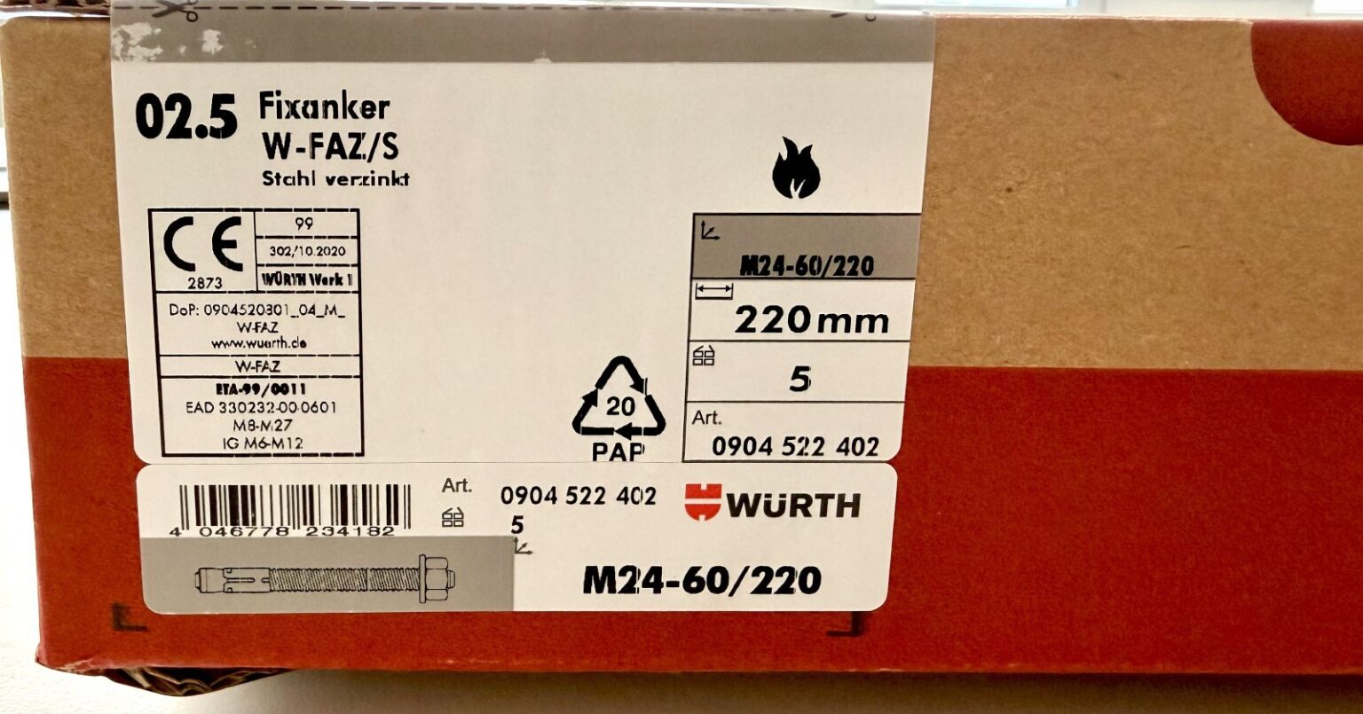 5x Würth Fixanker W-FAZ/S M24 x 220 verzinkt Bolzenanker Schwerlastanker ETA