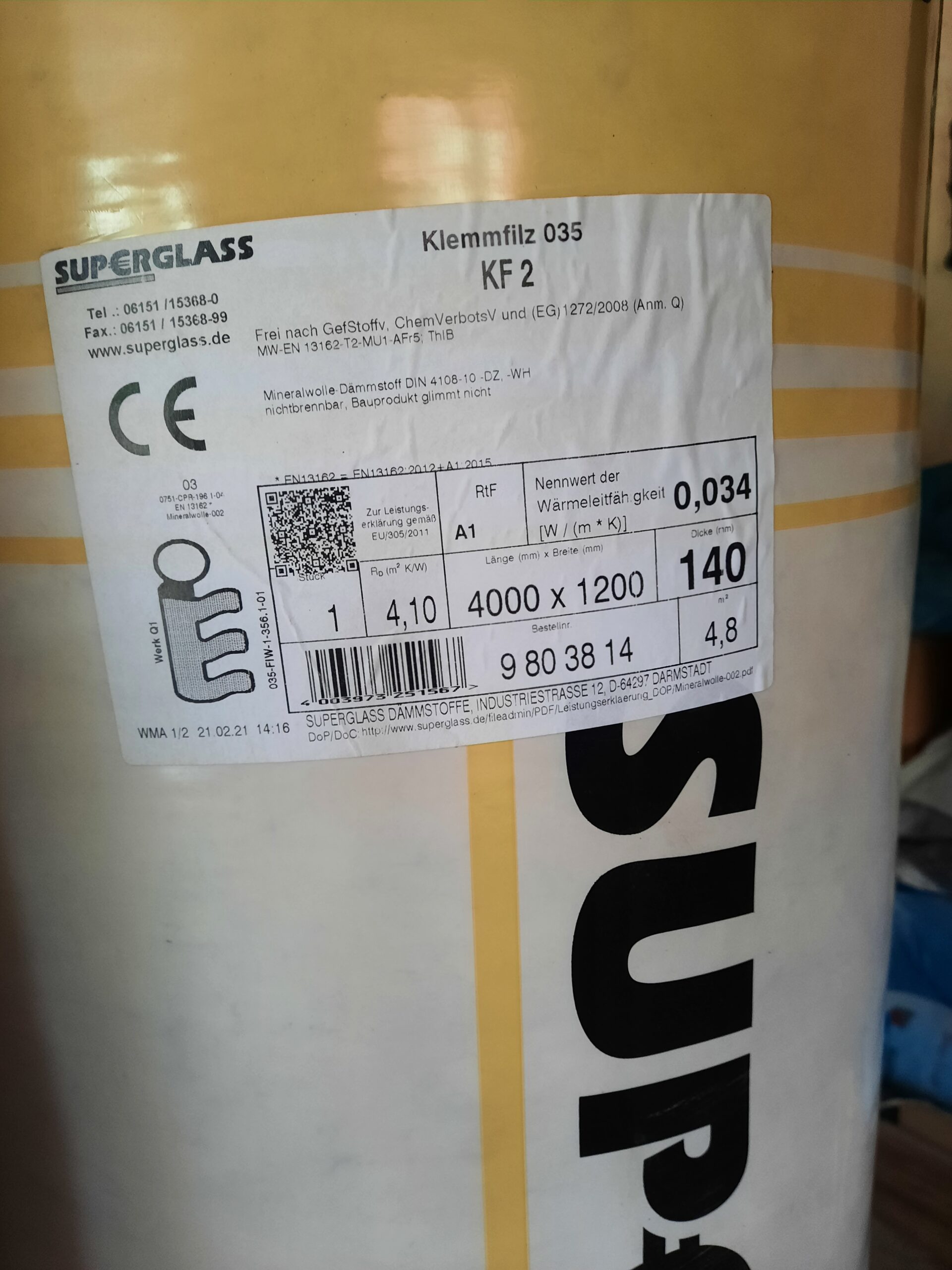 Superglass  Klemmfilz  KF 2  035  140x4000x1200  22 Rollen/105,6m²