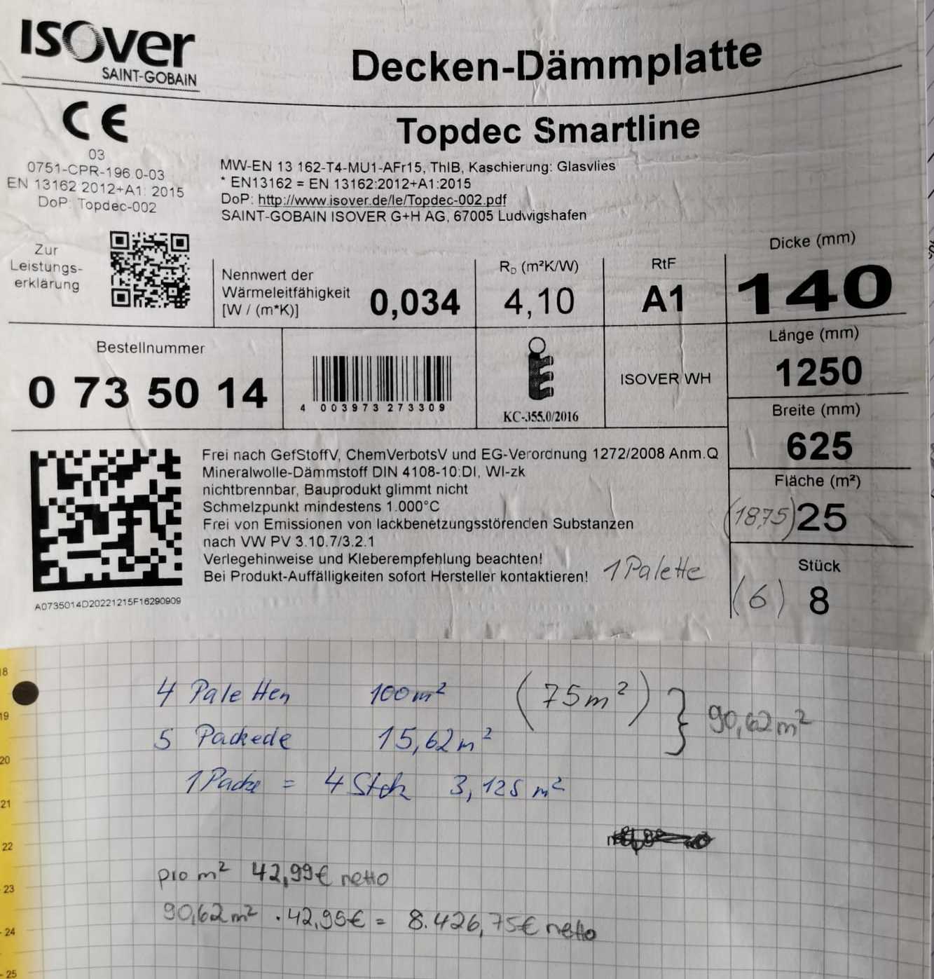Decken Dämmplatte Topdec Smartline NEU für 90m², 140mm dick, 1250 mm lang, 625mm breit, Wärmeleitfähigkeit 0,034 –  Rd 4,1