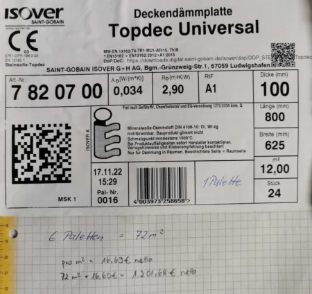 Isover Deckendämmplatte Topdec Universal, 0034 W/(m*K), RD 2,9, RtF A1, Dicke 100mm, Länge 800mm, Breite 625mm