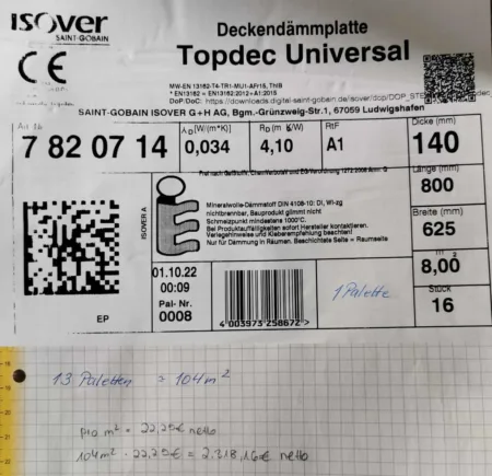 isover Deckendämmplatte Topdec Universal W/(m*K) 0,034, RD 4,1, RtF A1, Dicke 140mm, Länge 800mm, Breite 625mm