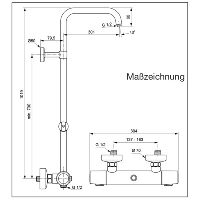 Vigour Duschsystem Clivia Thermostat ohne Kopfbrause, Handbrause und Schlauch verchromt