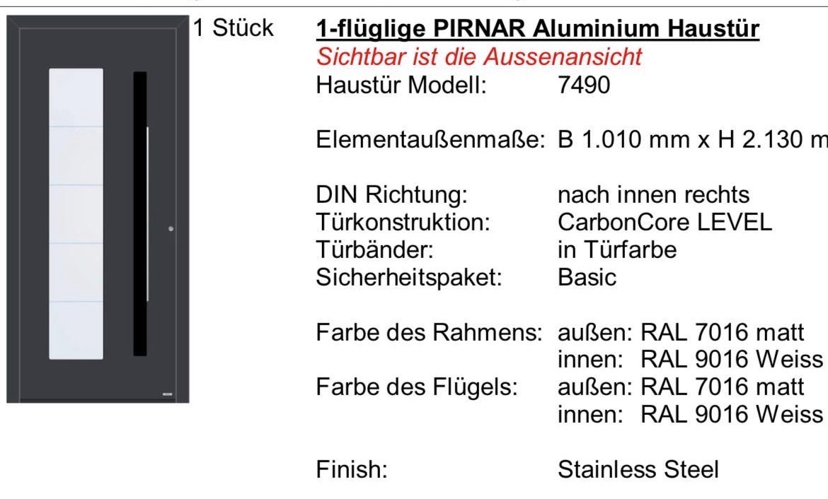 1-flüglige PIRNAR Aluminium Haustür