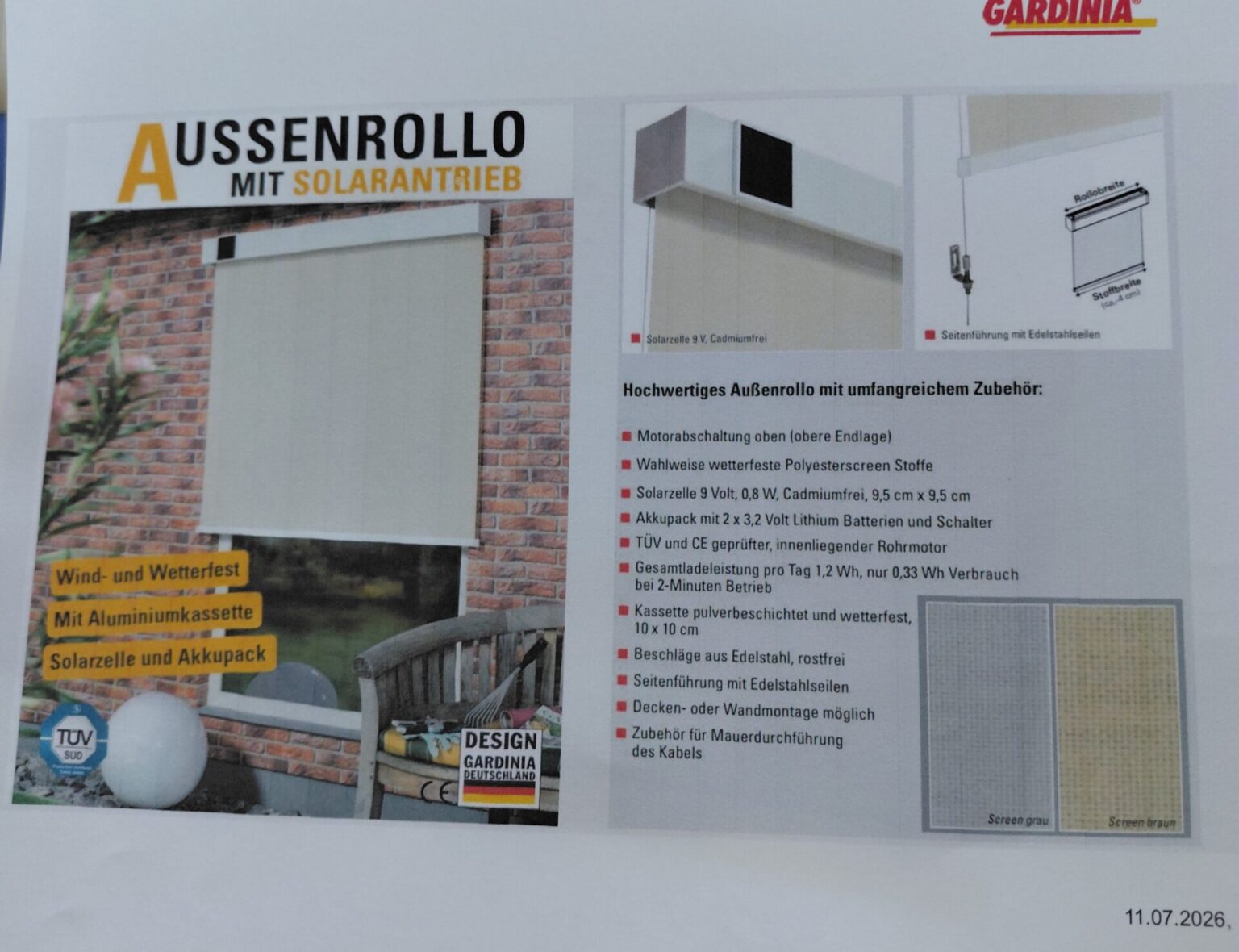 Aussenrollo mit Solarantrieb