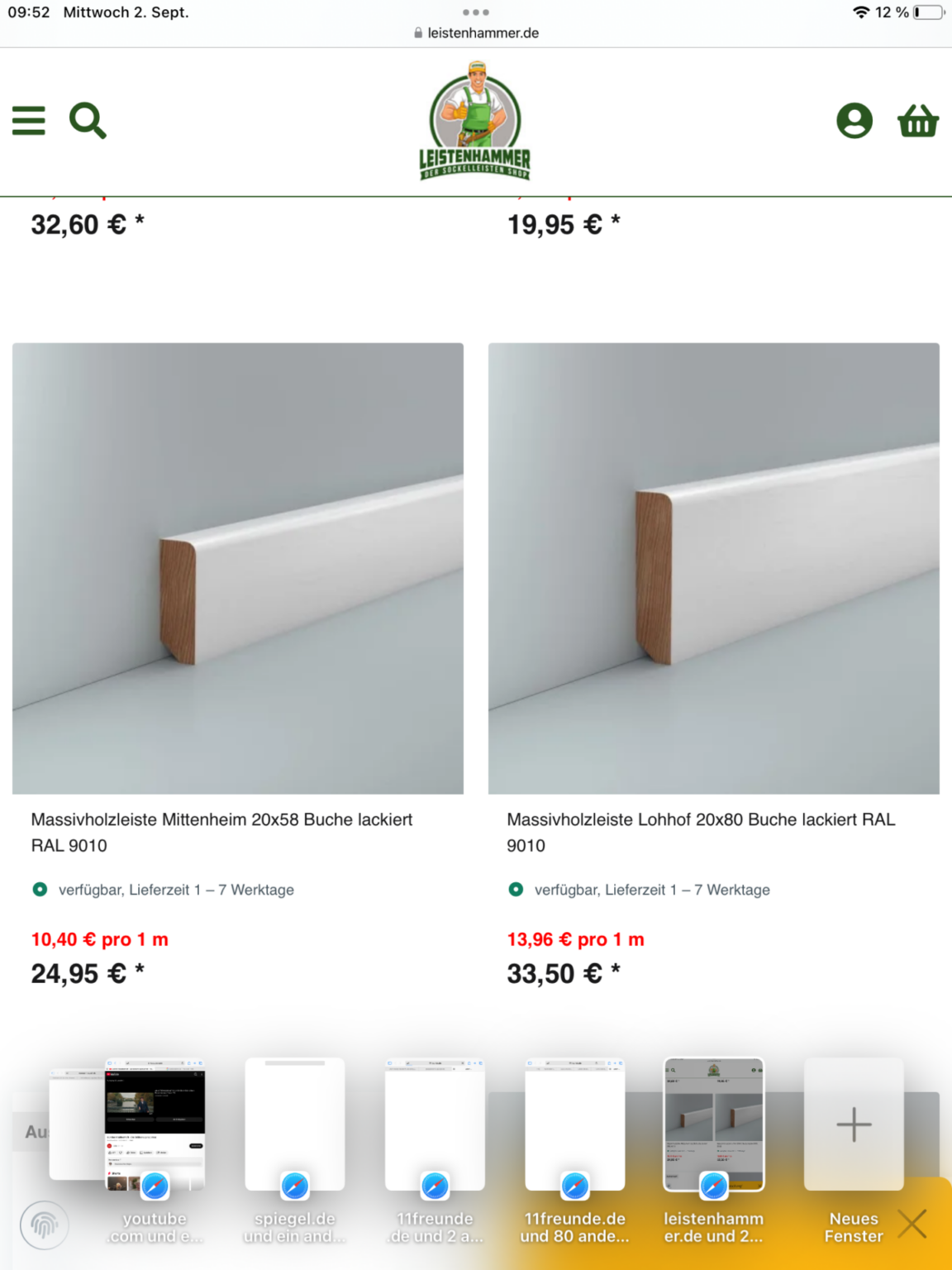40 laufende Meter weiße Fussleisten auf Buche massiv