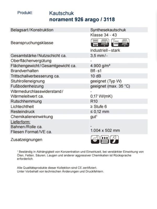 Kautschuk-Fliesen des Premium-Herstellers nora (Modell: norament 926 arago).