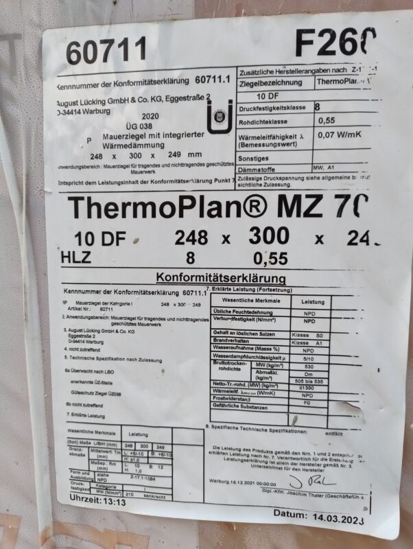 ThermoPlan MZ 70 Wärmeleitzahl 0,070 von Lücking 10 DF Es sind 72 Ziegel  300 mm x 240 mm x 248 mm